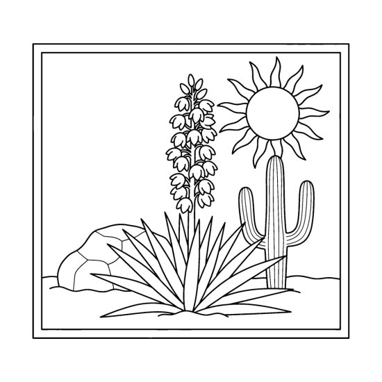 Yucca with a tall flower spike and pointed leaves by a rock and saguaro, bold and easy