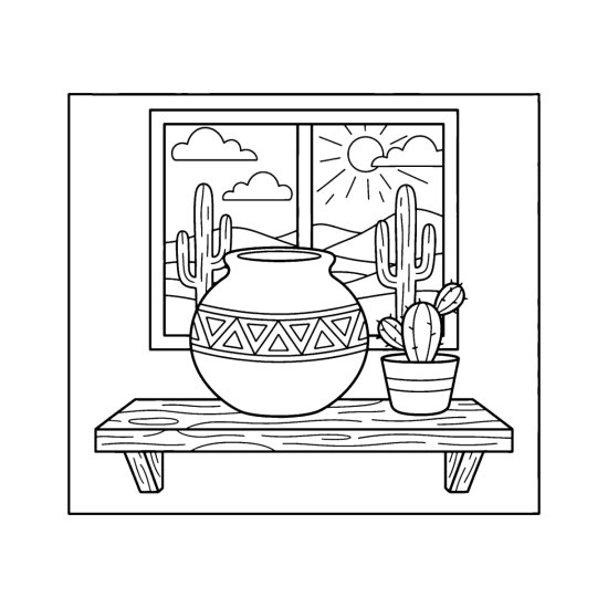 Round clay olla with a zigzag band on a shelf beside a small cactus, coloring sheet