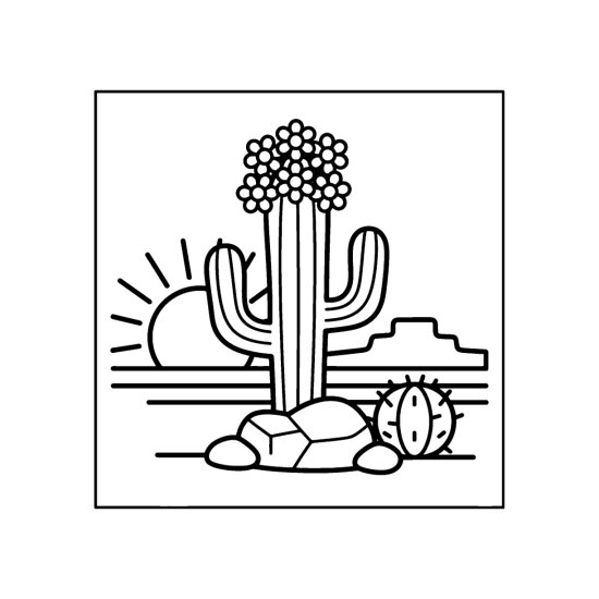 Tall saguaro with a crown of flowers and a barrel cactus at a mesa sunset, coloring page