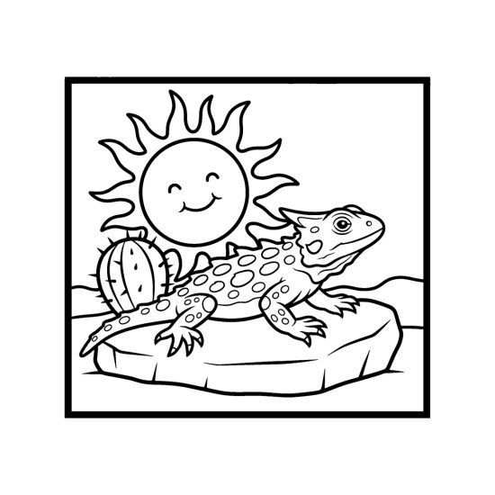 Horned lizard resting on a flat rock beside a cactus under a smiling sun, coloring sheet