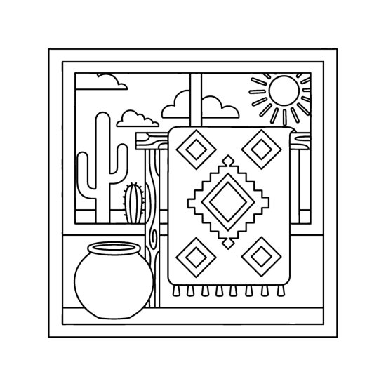 Woven rug with bold diamonds over a rail beside a clay pot and cactus, bold and easy