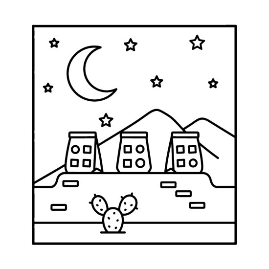 Three paper bag luminarias on a wall ledge under a crescent moon and stars, coloring page