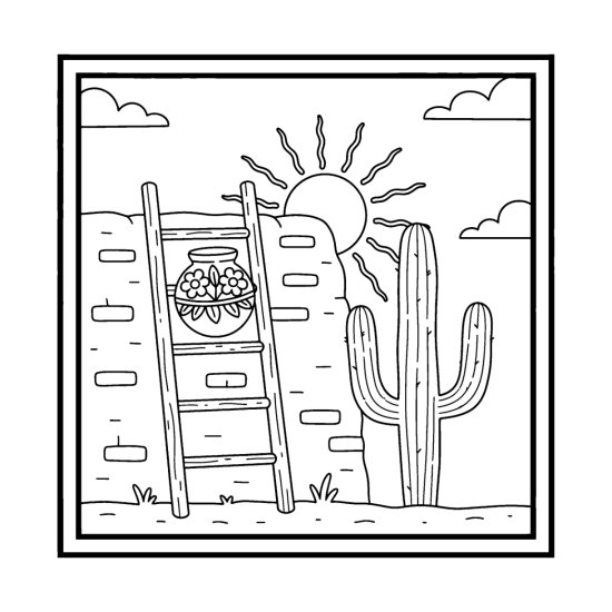 Wooden ladder on an adobe wall holding a flower pot beside a saguaro and sun, coloring sheet