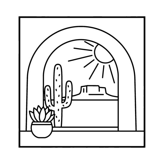 Adobe archway framing a mesa and saguaro with a potted plant and sun, bold and easy