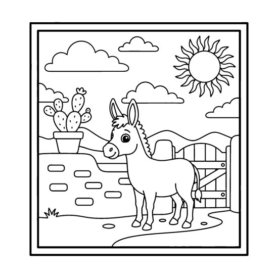 Friendly burro by an adobe wall with a potted cactus and a wooden gate, coloring sheet