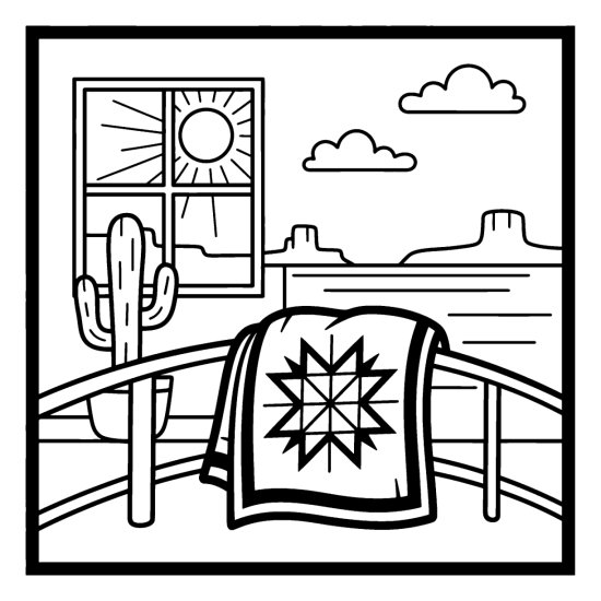 Star quilt with a bold eight point star over a porch rail by a cactus, bold and easy