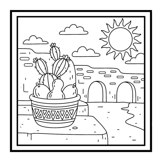 Woven basket with a triangle pattern holding gourds on an adobe step, coloring page