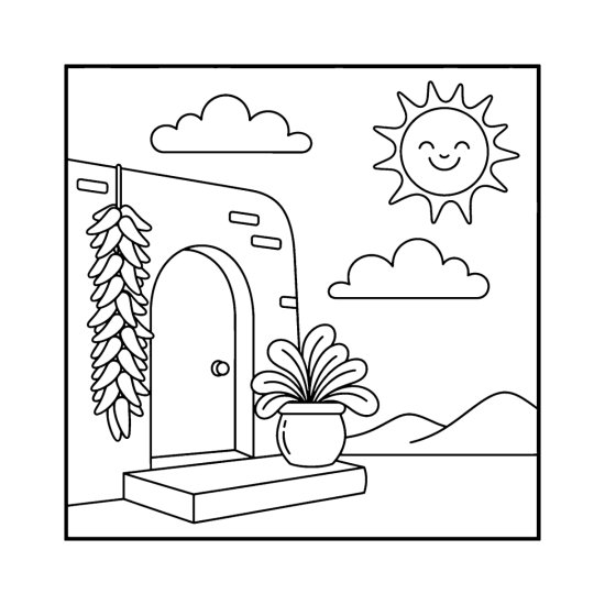 String of dried chili peppers by an adobe doorway with a potted plant and smiling sun, bold and easy