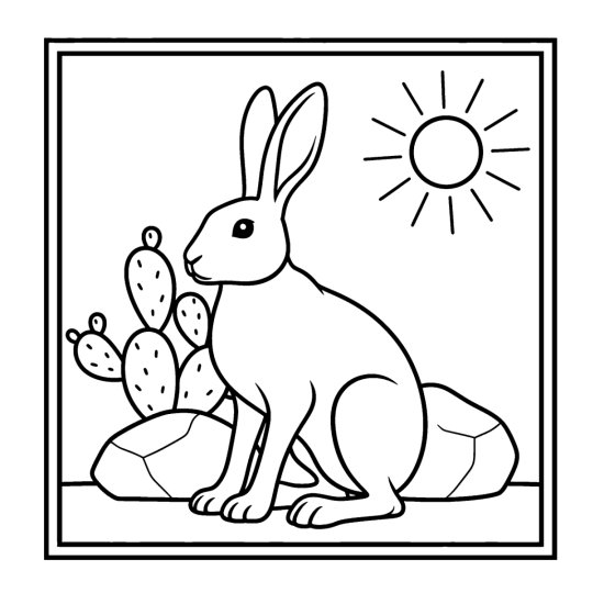 Jackrabbit with tall ears sitting by a prickly pear and rock in the sun, coloring sheet