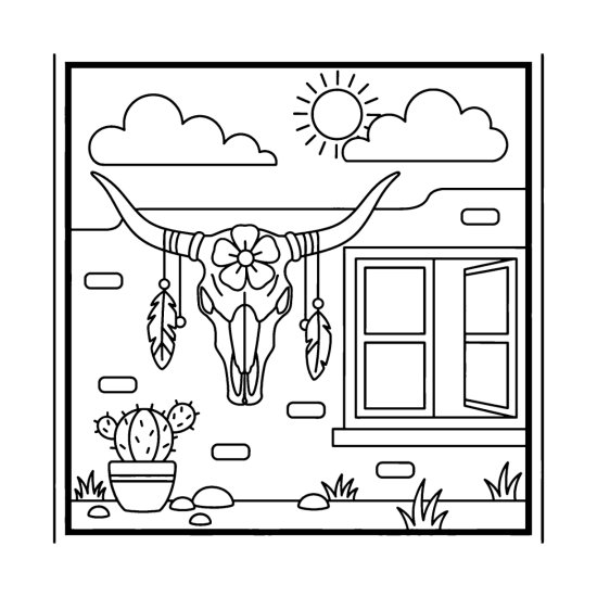Longhorn skull decorated with a flower and feathers on an adobe wall by a window, coloring page