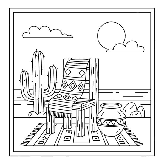 Wooden chair draped with a diamond serape beside a cactus and a clay pot, coloring sheet