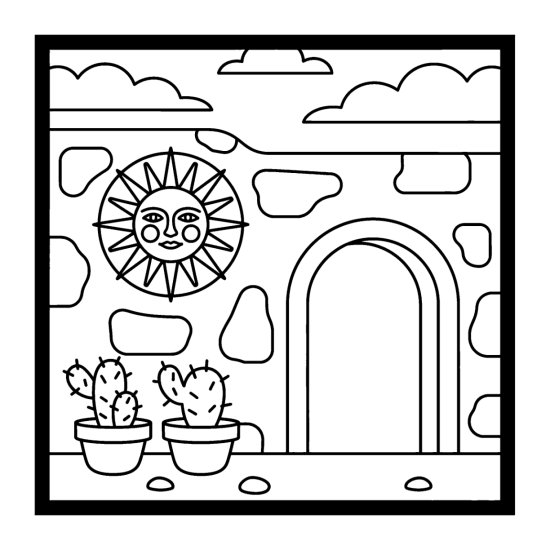 Round Southwestern sun face plaque on a stone wall above two potted cacti, bold and easy