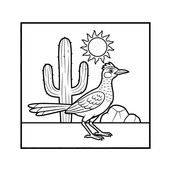 Roadrunner standing beside a tall saguaro under a spiky sun in the desert, coloring page