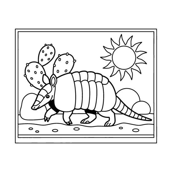 Armadillo walking past a prickly pear cactus under a rayed sun on the sand, coloring sheet