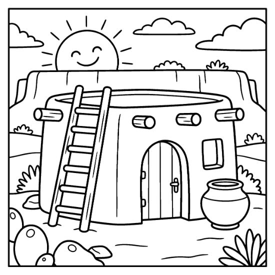 Adobe pueblo house with a wooden ladder and smiling sun behind desert mesas bold and easy.