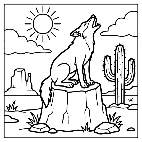 Howling coyote sitting on a rock pedestal in a desert landscape with a saguaro cactus coloring page.