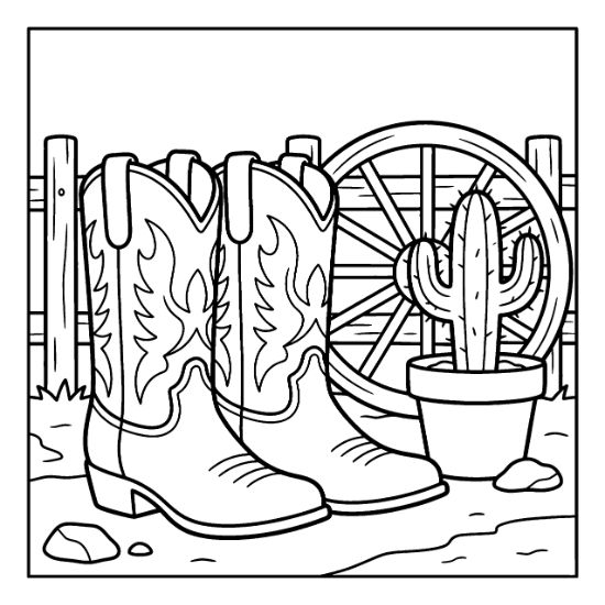 Southwestern coloring pages with cowboy boots, a wagon wheel, and a potted cactus, bold and easy