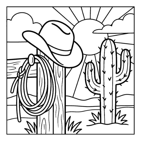 Cowboy hat resting on a fence post next to a saguaro cactus under a rising sun coloring page.