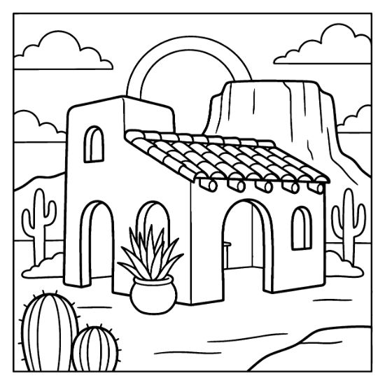 Adobe house with arched doorways and a tiled roof sits among desert cacti and mesas line art.