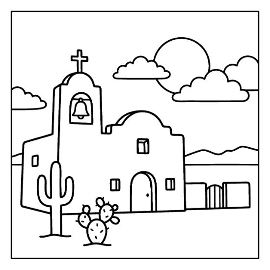 Adobe mission church with a bell tower and cacti under a desert sun coloring page.