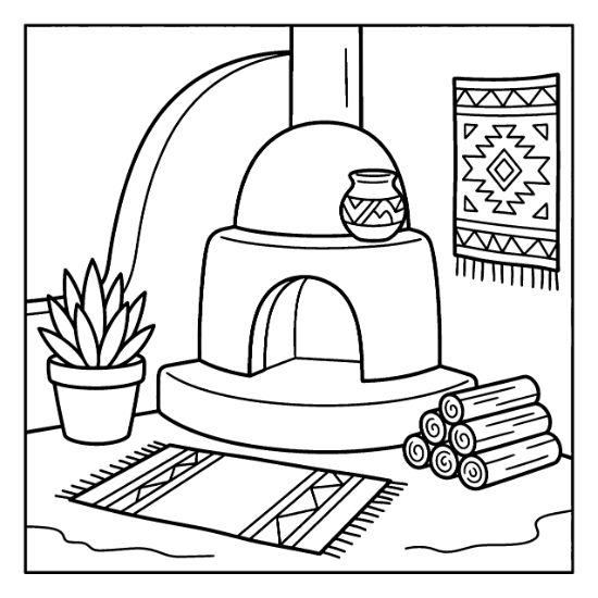 Adobe fireplace with a potted succulent and geometric textiles in a simple room setting coloring page.