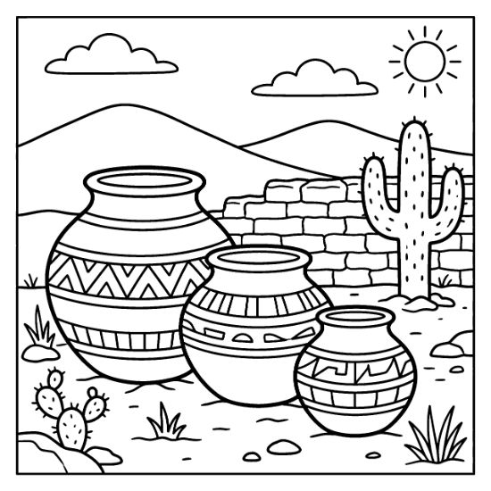 Three patterned clay pots sit before a brick wall and saguaro cactus in a desert coloring page.