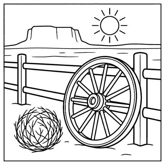 A wagon wheel leans against a wooden fence with a tumbleweed and desert mesa line art.