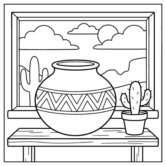 A patterned clay pot sits on a wooden table before a window overlooking a desert landscape coloring sheet.