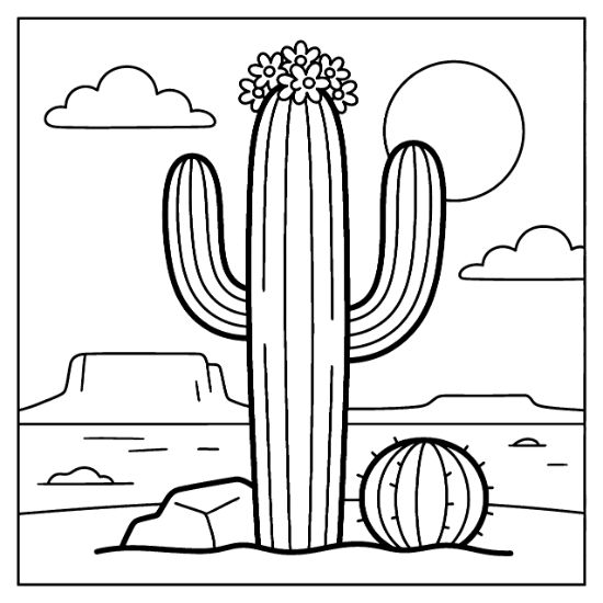 Saguaro cactus with a flower crown stands in a desert landscape with mesas and clouds coloring page.