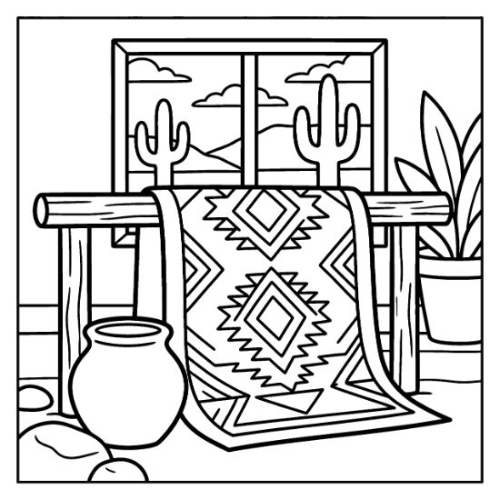 A patterned rug draped over a wooden bench in front of a window with desert scenery coloring sheet.
