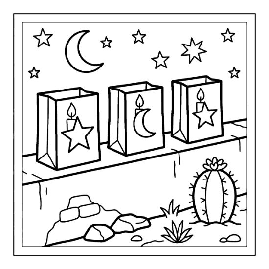 Luminaria bags sit on an adobe wall beneath a starry night sky with a barrel cactus.
