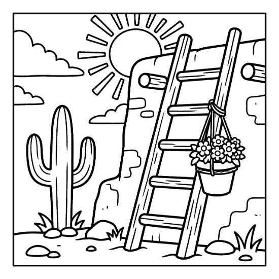 Adobe dwelling with a wooden ladder, hanging flower pot, saguaro cactus, and sun in a desert coloring page.