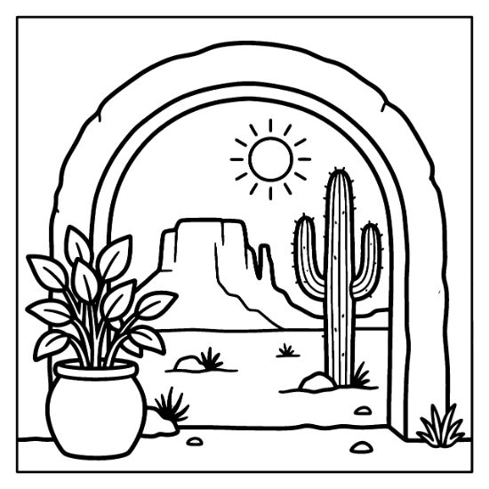 Desert landscape framed by a stone archway with a saguaro cactus and potted plant bold and easy.