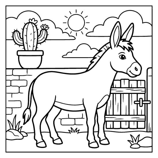 A smiling donkey stands before a brick wall and cactus under a bright sun line art.