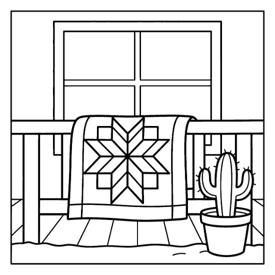 Geometric star quilt draped over a porch railing beside a potted saguaro cactus bold and easy.