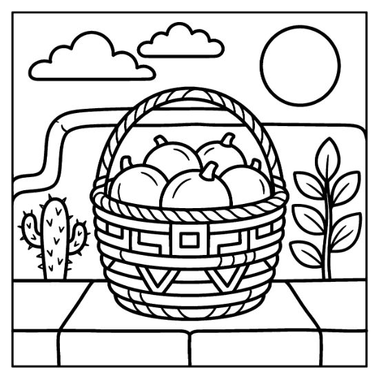 Woven basket filled with round fruit sits outdoors near a cactus and desert plants coloring sheet.
