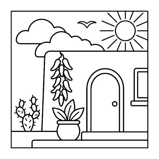 Adobe house with hanging chili peppers and a prickly pear cactus in a bold and easy coloring page.