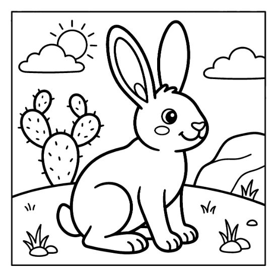 A cute desert hare sits near a prickly pear cactus and rolling hills in this bold and easy coloring page.
