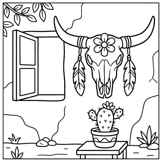 A bull skull with feathers hangs on an adobe wall next to an open window coloring page.