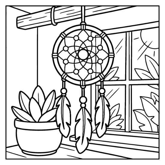 A dreamcatcher with hanging feathers hangs near a potted succulent and a window in this coloring sheet.