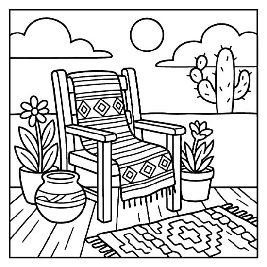 Wooden armchair with a patterned blanket sits on a patio near a cactus and potted plants coloring sheet.