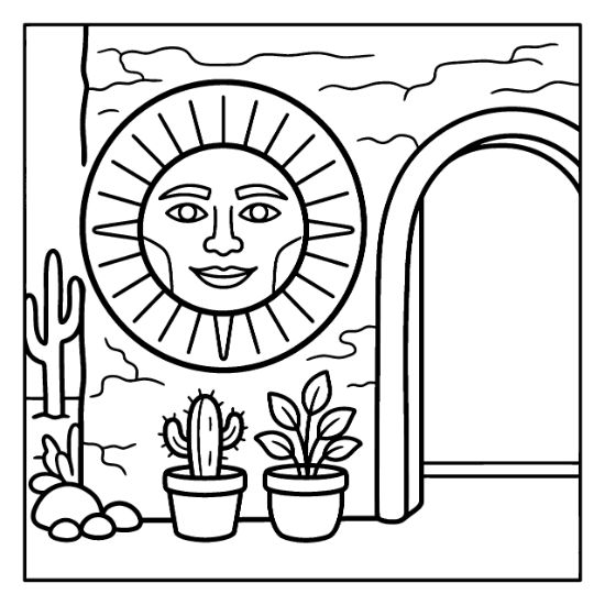 Sun face wall art hangs above potted cacti and an arched doorway in this bold and easy coloring page.