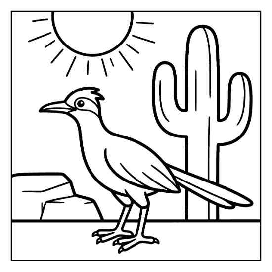 A roadrunner stands in a desert landscape with a saguaro cactus and sun bold and easy.