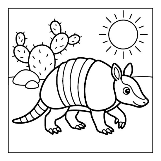 A cartoon armadillo walks through a desert landscape with a prickly pear cactus and sun coloring page.