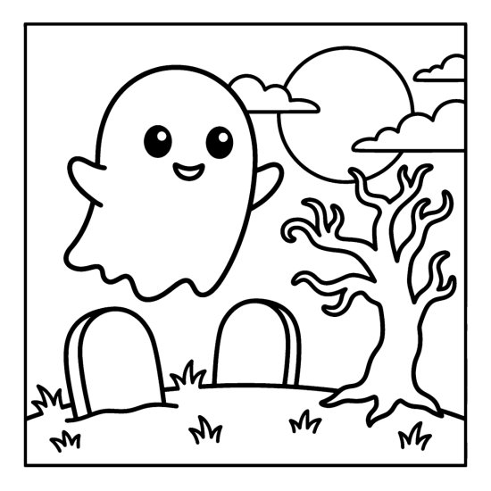A cute round ghost floating over a graveyard with two gravestones and a bare tree, coloring page