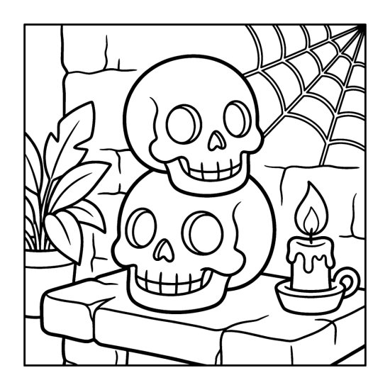 Two friendly cartoon skulls stacked on a ledge with a candle and cobweb, coloring page