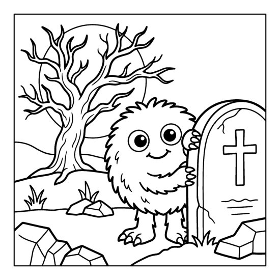 A fuzzy monster peeking from behind a tombstone with a tree and moon, bold and easy