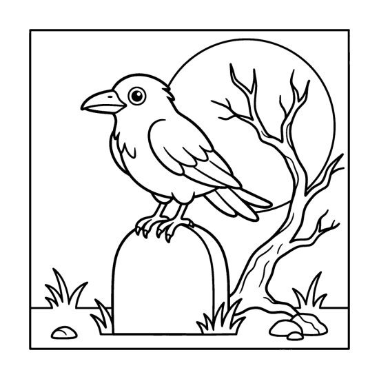 A plump raven perched on a gravestone with a bare branch and full moon, coloring page