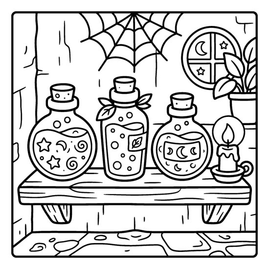 A row of potion bottles with swirls and bubbles on a shelf with a candle, coloring sheet