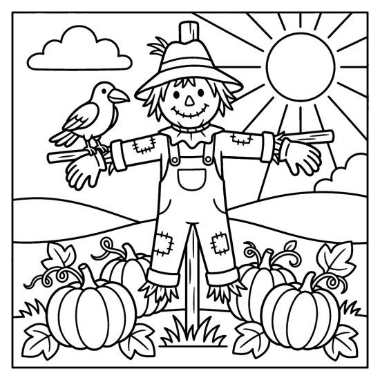 A friendly scarecrow on a post with a crow and pumpkins under the sun, coloring page